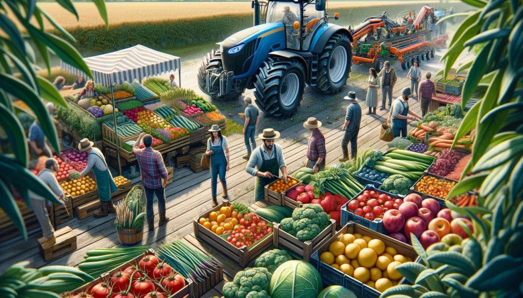 Agri Business in the UK A close up, wide aspect photorealistic illustration showcasing agriculture businesses in the UK. The scene focuses on detailed textures of fresh produ5