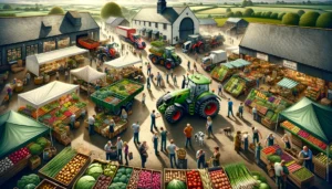 Agri Business in the UK A wide aspect, close up photorealistic illustration showcasing agriculture businesses in the UK. The scene features various agricultural activities, i3