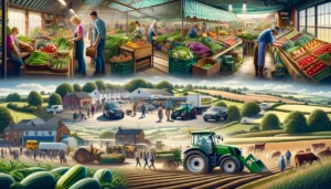 Agri Business in the UK A wide aspect, close up photorealistic illustration showcasing agriculture businesses in the UK. The scene features various agricultural activities, i4