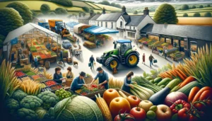 Agri Business in the UK A wide aspect, close up photorealistic illustration showcasing agriculture businesses in the UK. The scene features various agricultural activities in1